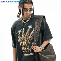 ONSEVENINE Golden Skeletal Hand Ring Graphic Tee