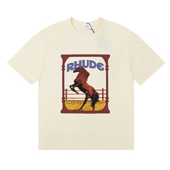 RHUDE Graphic Print T-Shirt - Cream Rearing Horse Motif