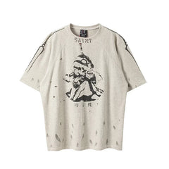 Saint Michael Anime Character & Sleeve Graphic Vintage T-Shirt - Off-White