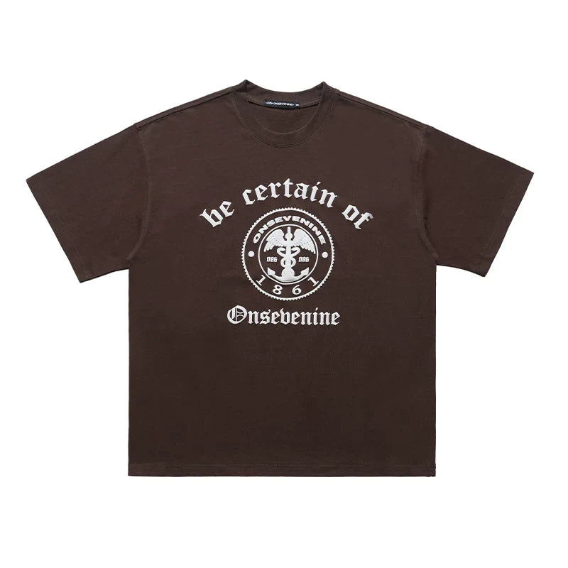 ONSEVENINE Emblem & Gothic Typography Tee