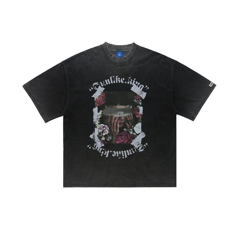 ONSEVENINE Roses and Blindfolded Figure Graphic Tee