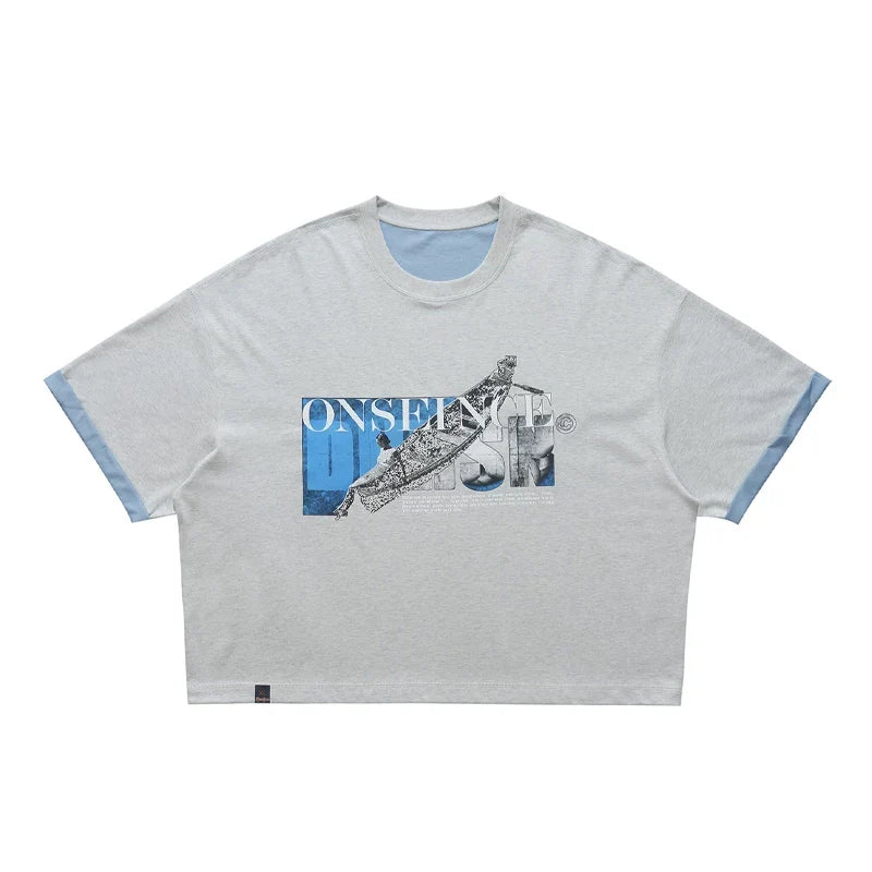 ONSEVENINE Blue Block-Collage Graphic Tee