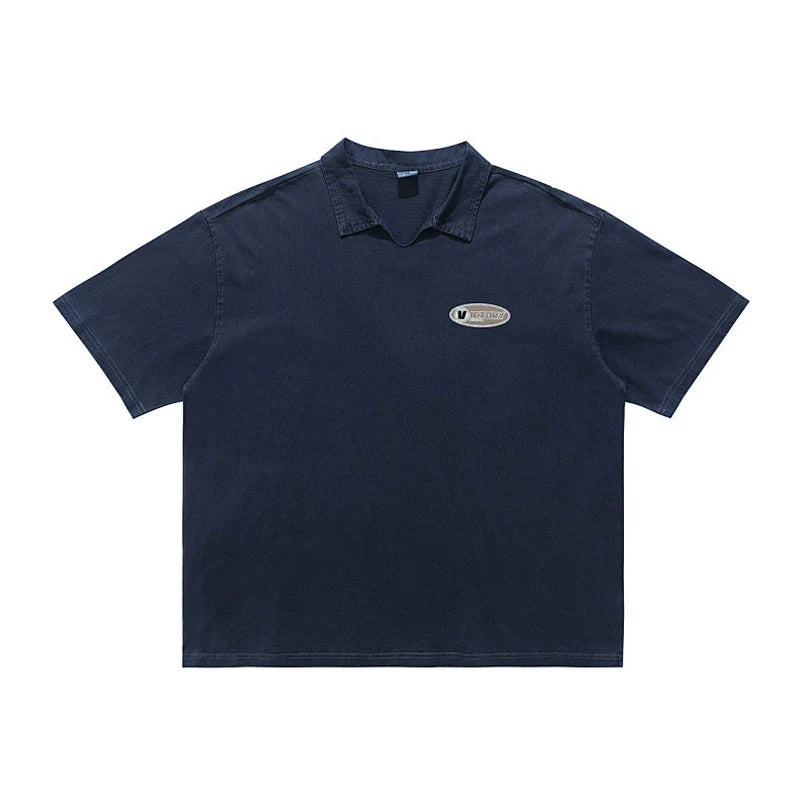 ONSEVENINE Acid-Wash V-Neck Polo Graphic Tee