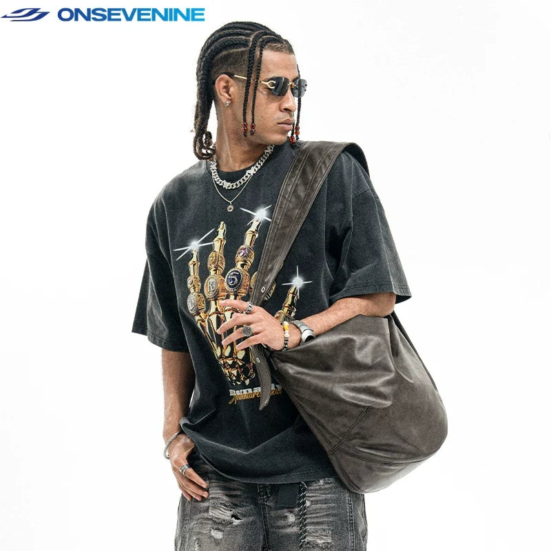 ONSEVENINE Golden Skeletal Hand Ring Graphic Tee