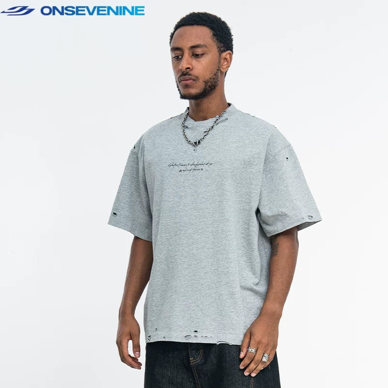 ONSEVENINE Distressed Minimalist Black Tee