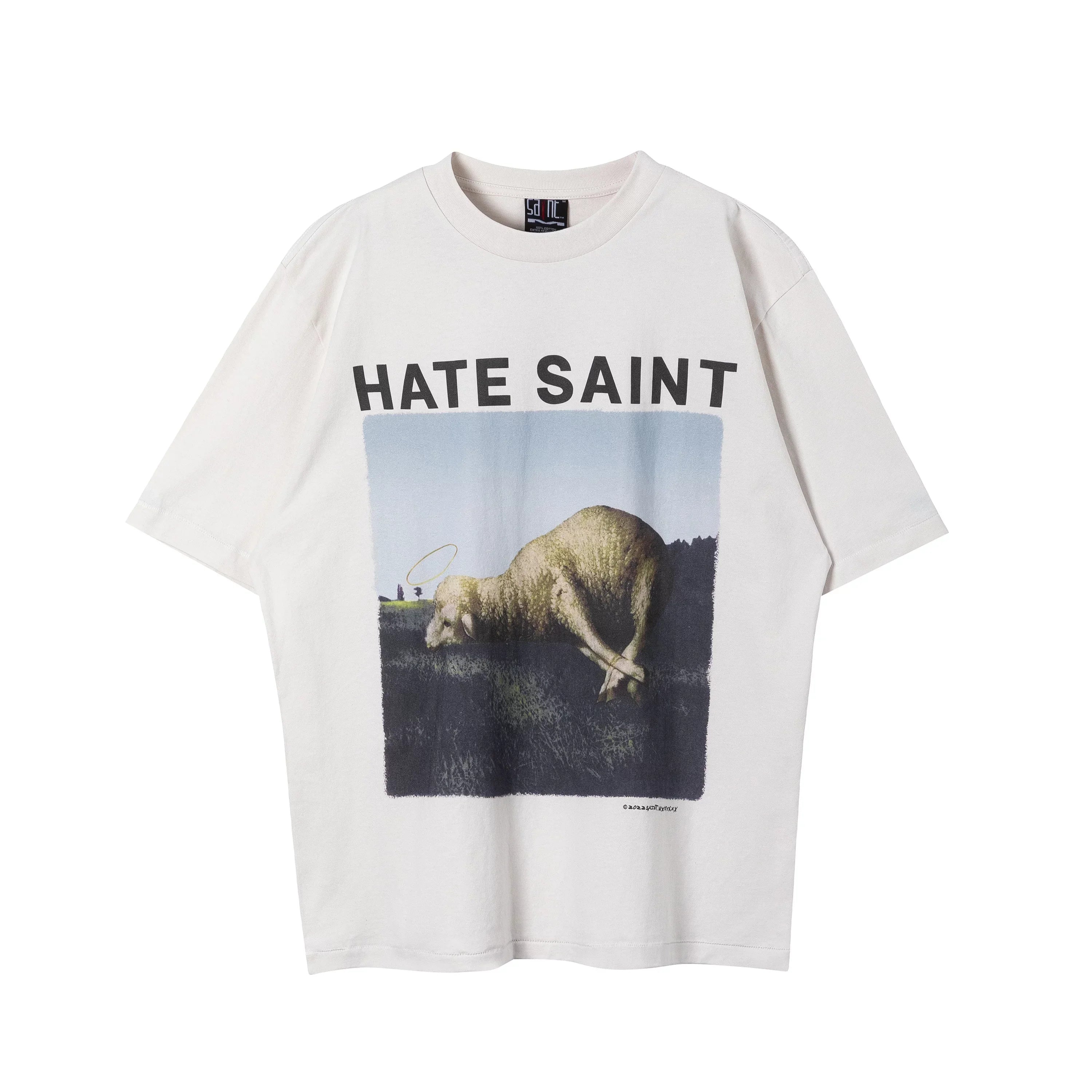 Saint Michael "HATE SAINT" Sheep & Landscape Vintage T-Shirt - Off-White