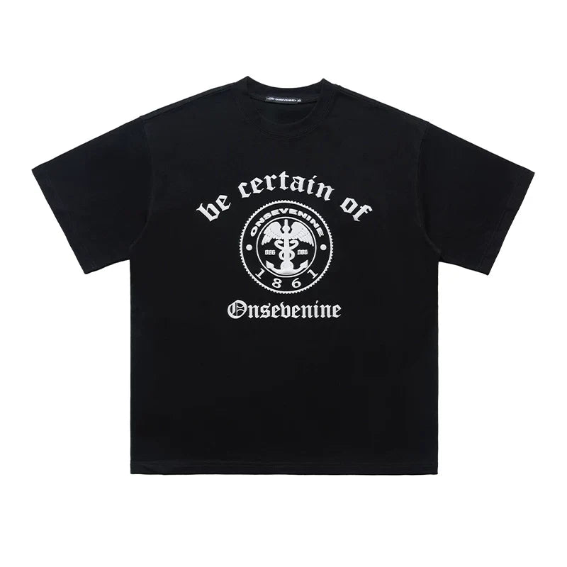 ONSEVENINE Emblem & Gothic Typography Tee