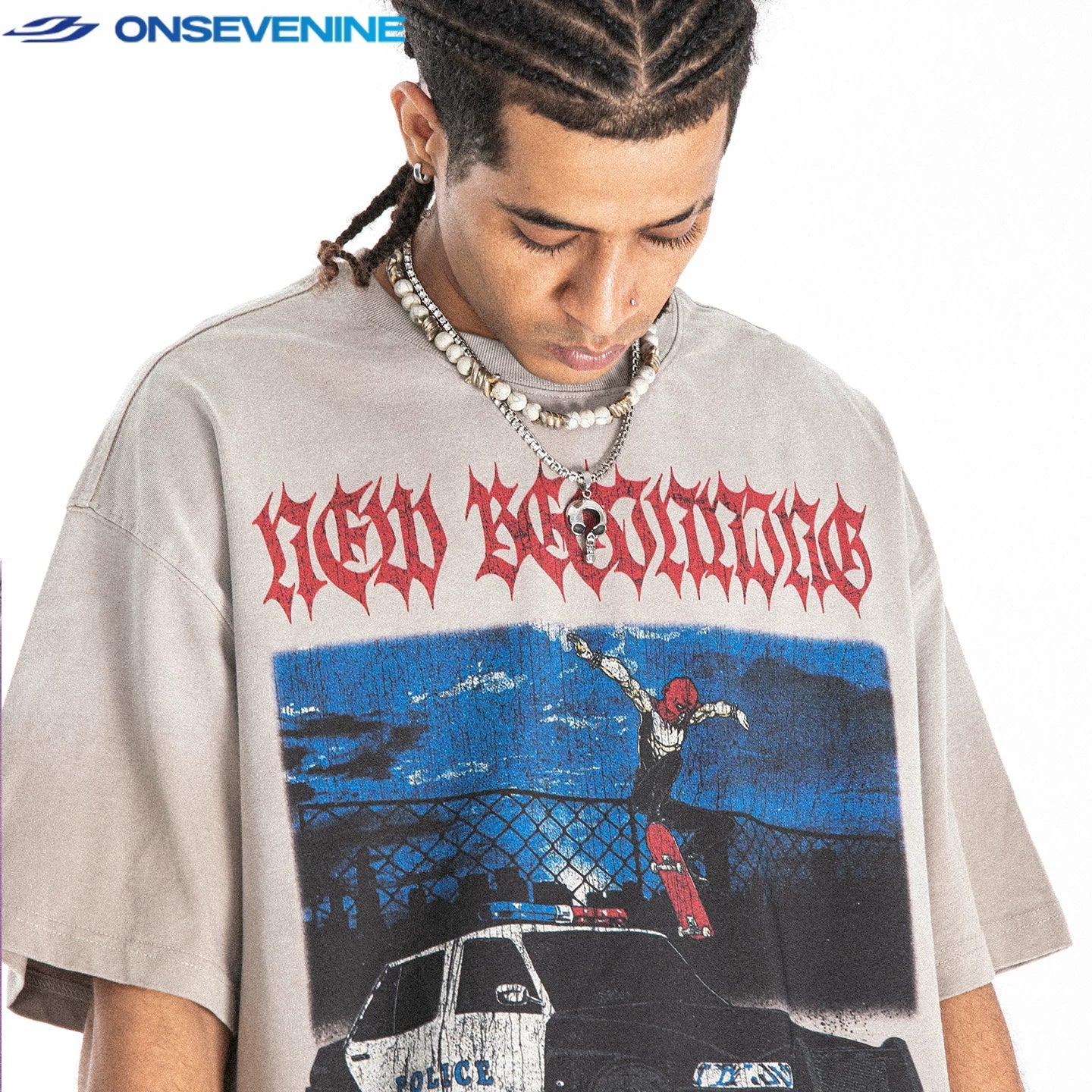 ONSEVENINE Skateboarder and Police Car Graphic Tee