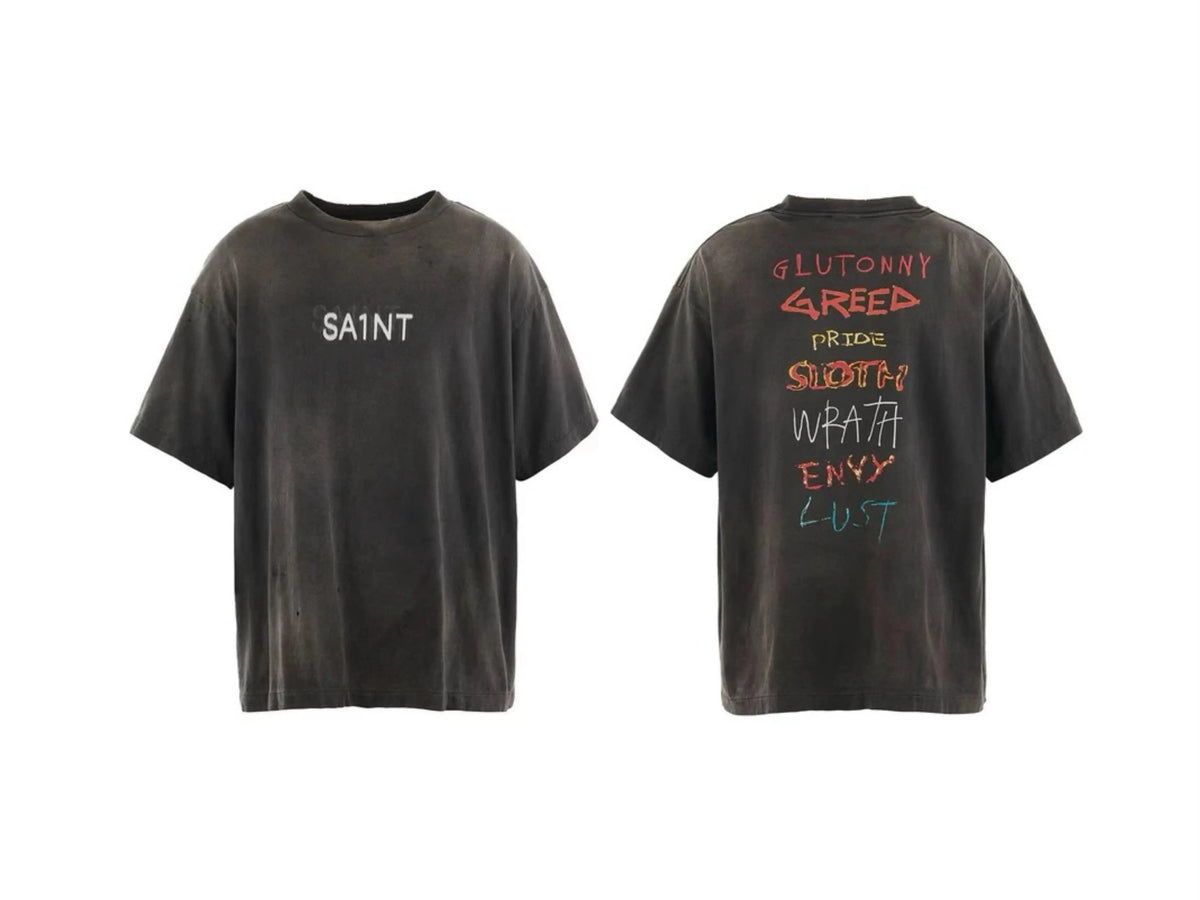 Saint Michael Small Logo & Seven Deadly Sins Vintage T-Shirt - Black
