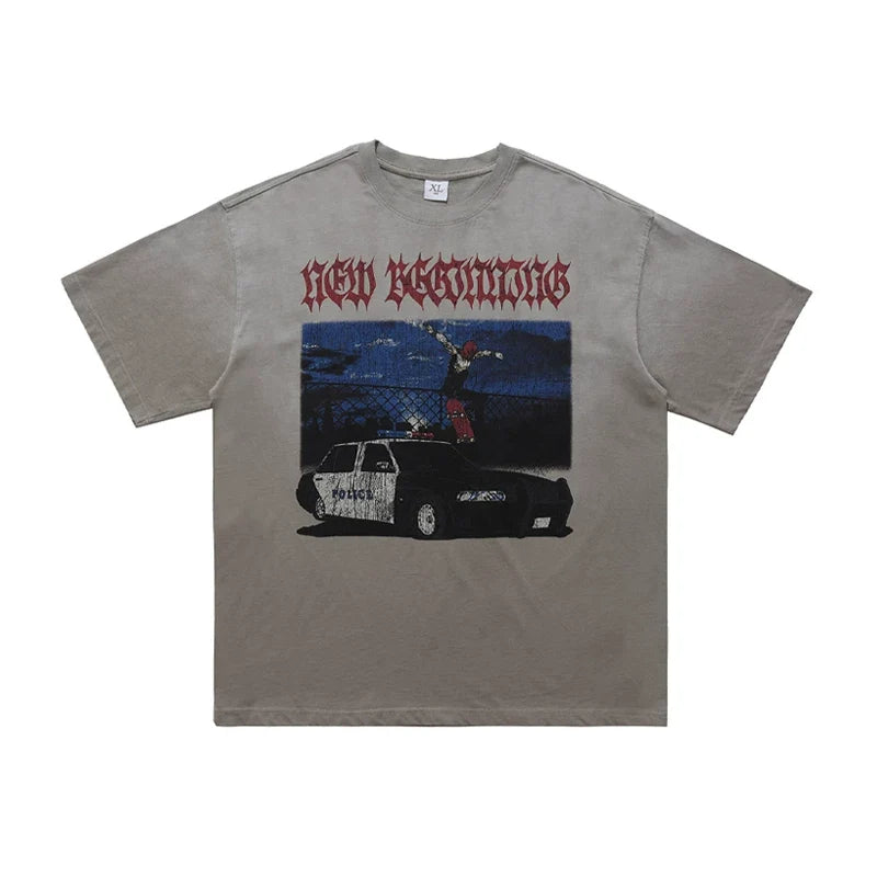 ONSEVENINE Skateboarder and Police Car Graphic Tee