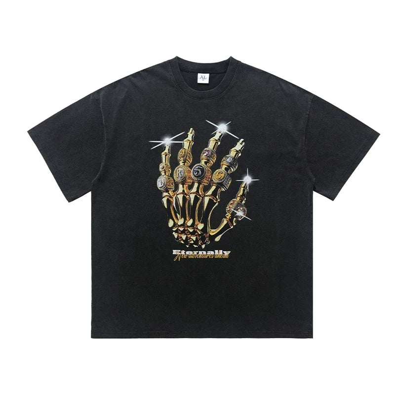 ONSEVENINE Golden Skeletal Hand Ring Graphic Tee