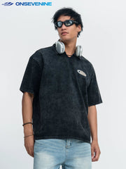 ONSEVENINE Acid-Wash V-Neck Polo Graphic Tee