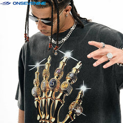 ONSEVENINE Golden Skeletal Hand Ring Graphic Tee