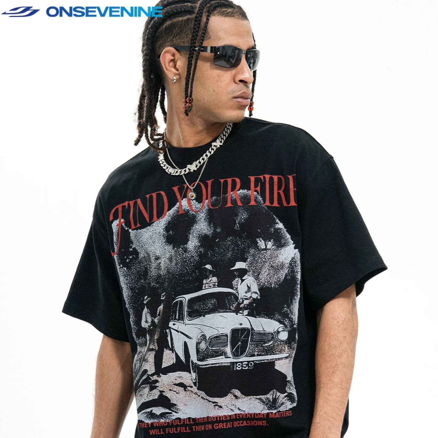 ONSEVENINE "Find Your Fire" Vintage Car Graphic Tee