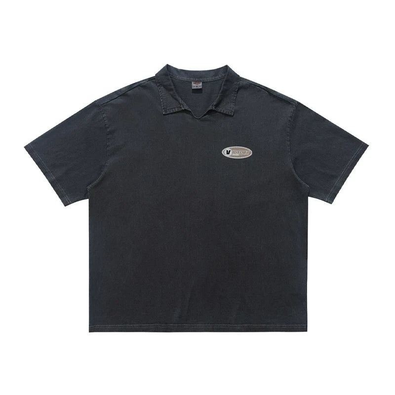 ONSEVENINE Acid-Wash V-Neck Polo Graphic Tee