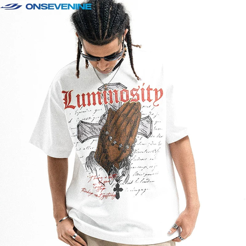 ONSEVENINE "Luminosity" Praying Hands Graphic Tee