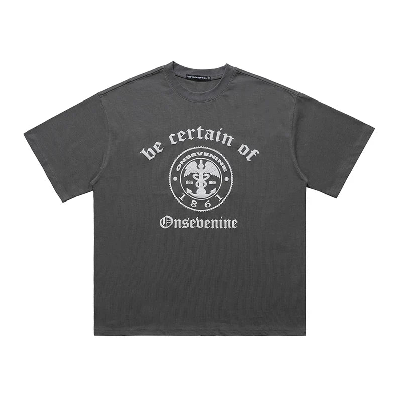 ONSEVENINE Emblem & Gothic Typography Tee