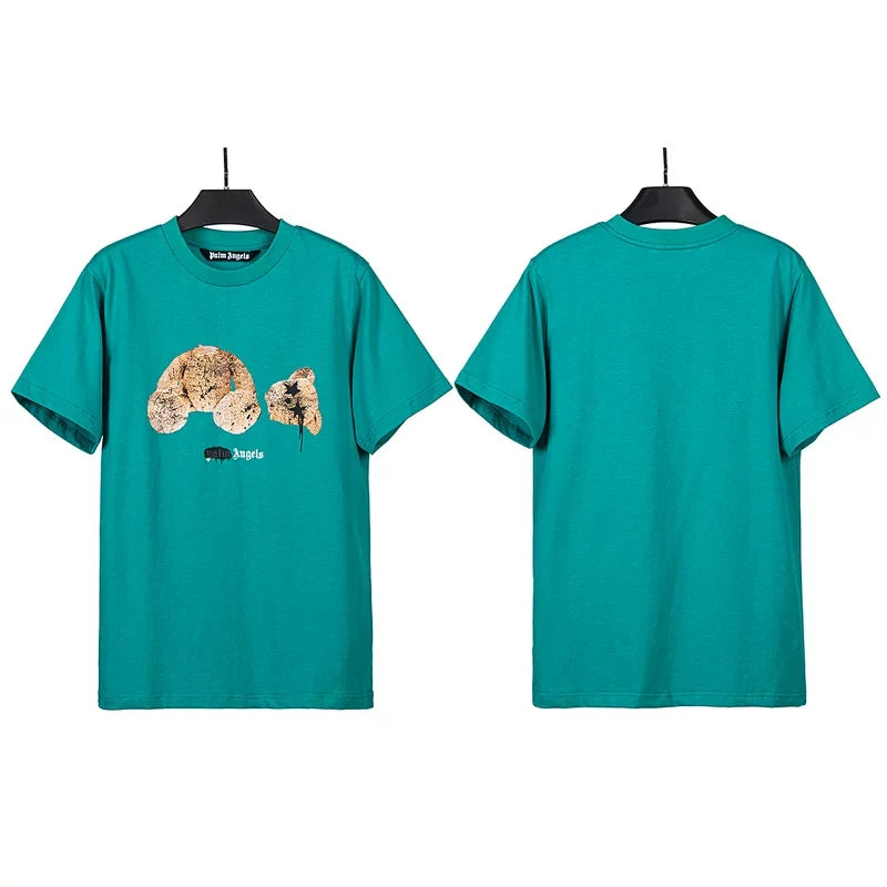 Palm Angels Graffiti Splatter Bear Graphic T-Shirt - Teal Blue