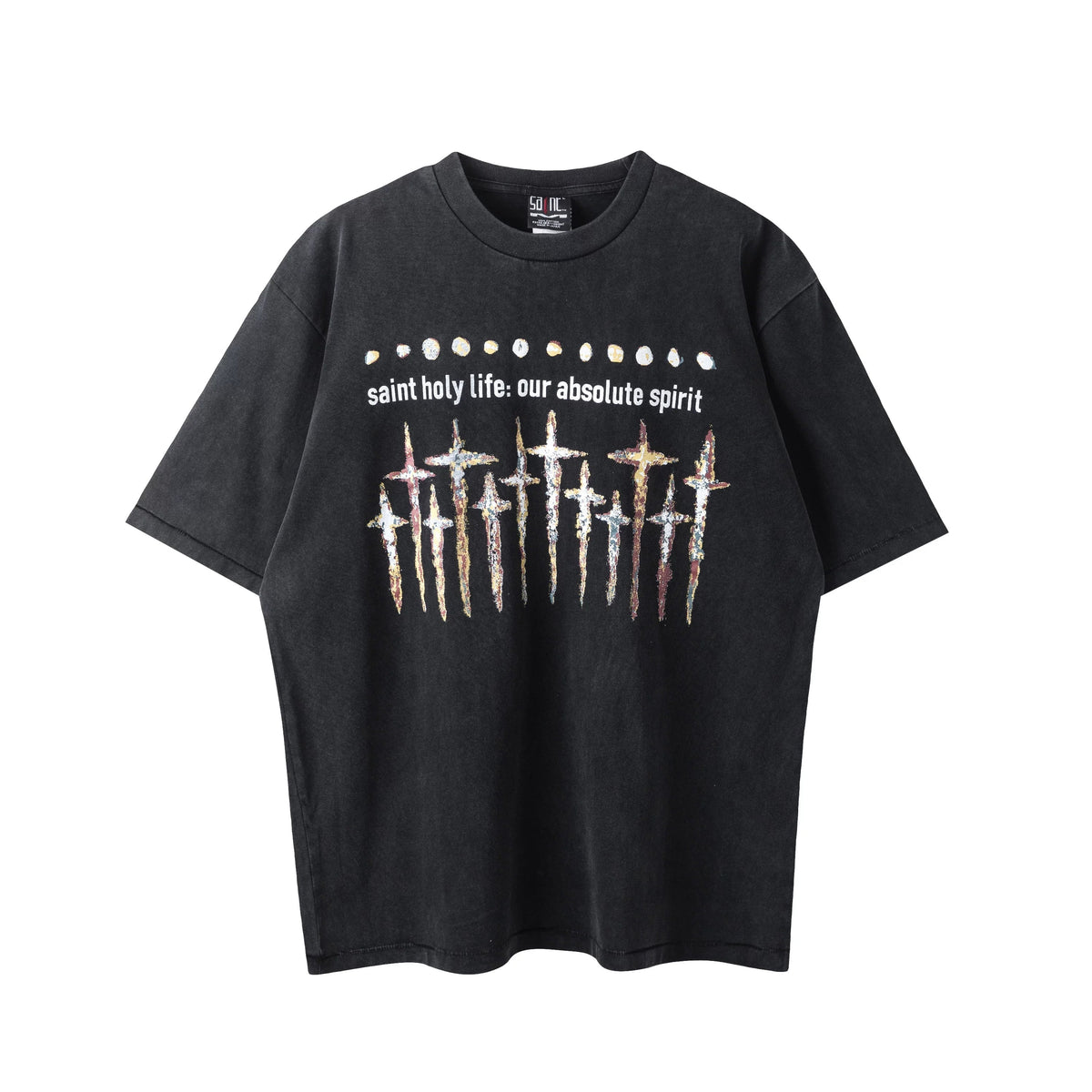 Saint Michael Multi-Cross & "saint holy Life" Vintage T-Shirt - Black
