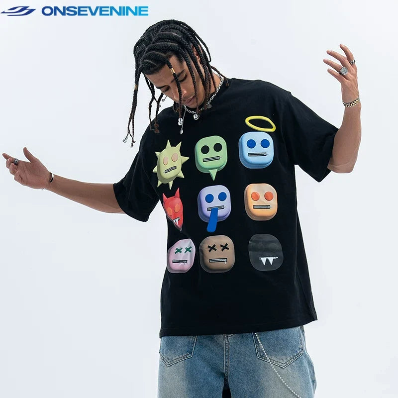 ONSEVENINE 3D Emoji Character Grid Graphic Tee